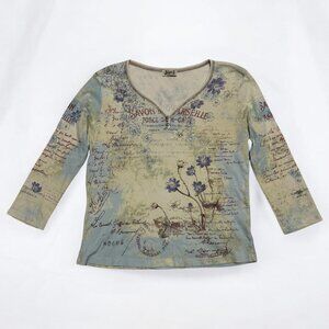 Vintage Y2K Jamee J. Marseille Floral and French Script Quarter Sleeve Top